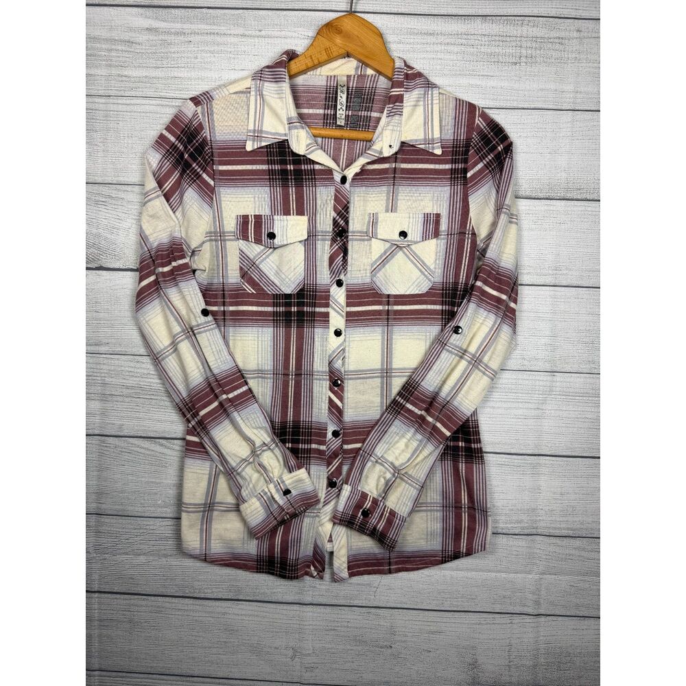 R n B Women's Large Mauve Cream Plaid Button Front Long Sleeve Shirt 4780